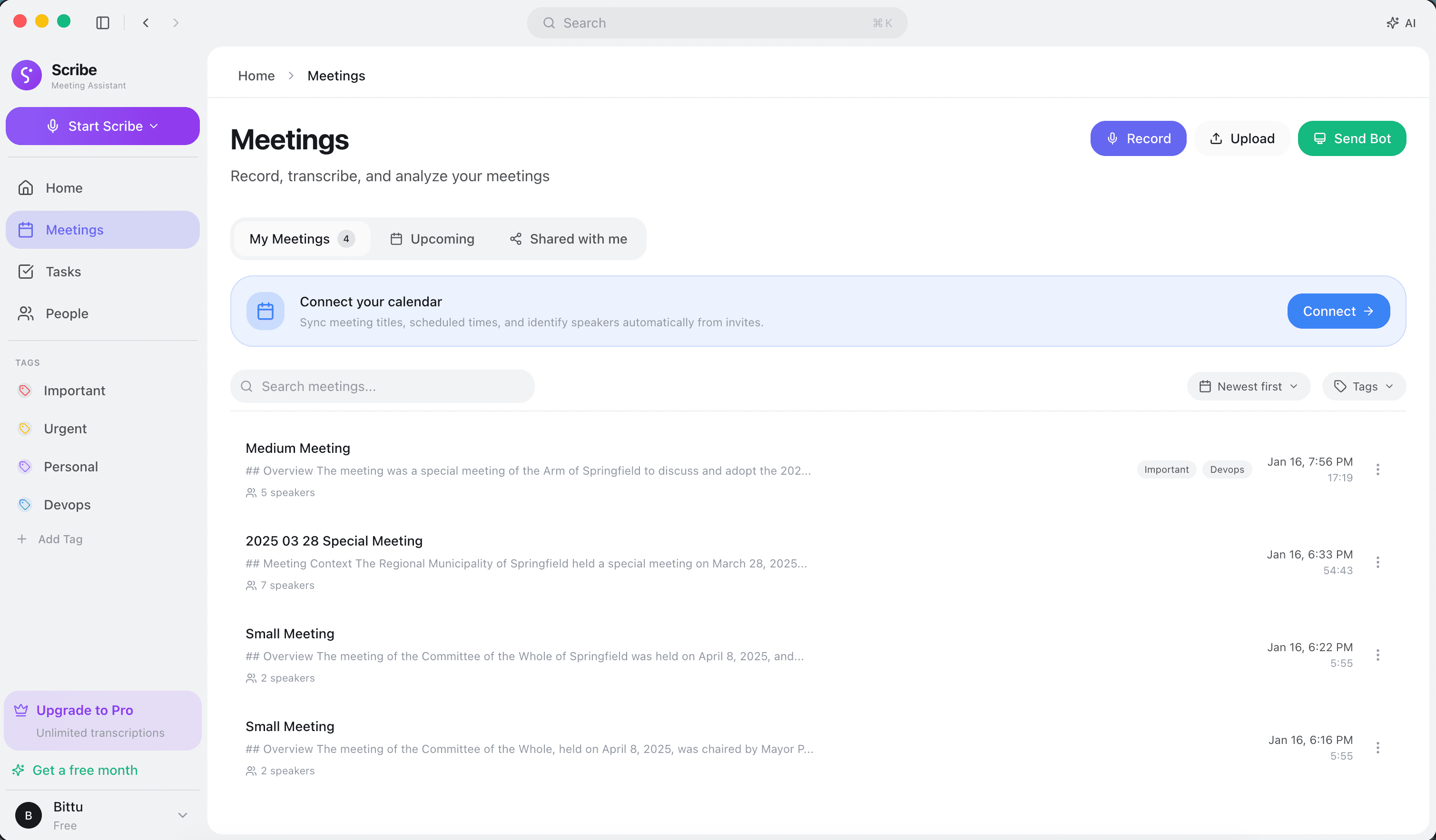 SyntriMeet Meeting Dashboard - All your meeting sumaries in one place